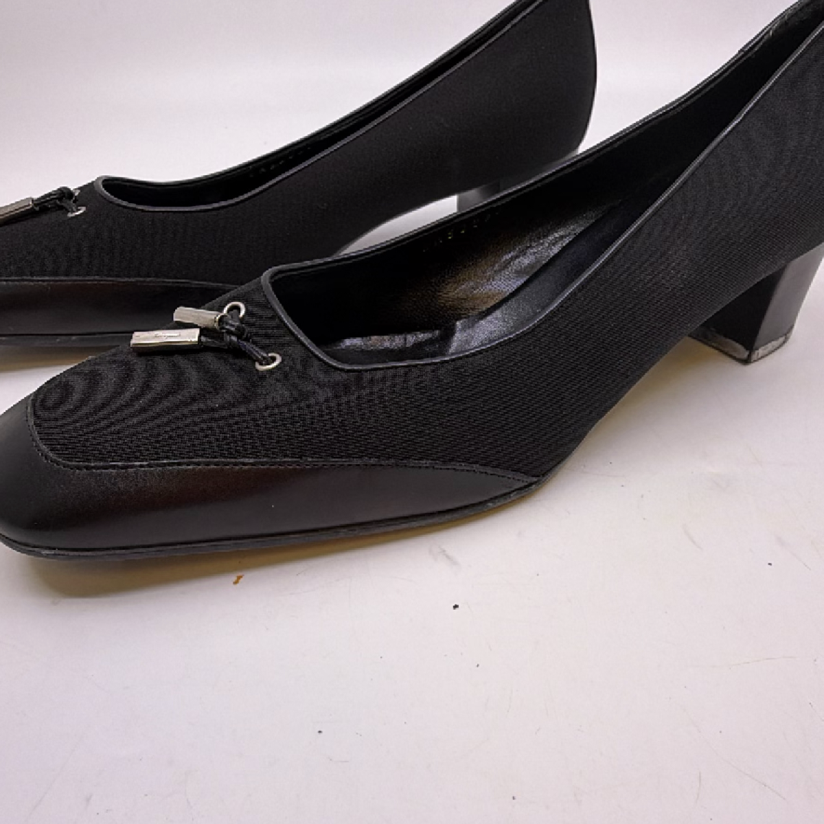 Salvatore Ferragamo Tassel Block Heel Black Textile Leather 7D Pump
