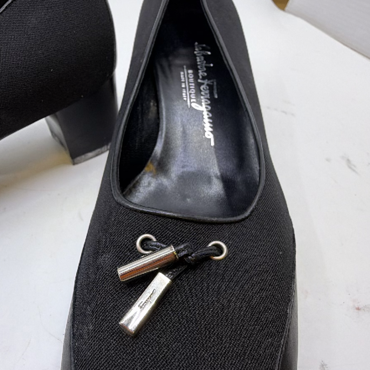 Salvatore Ferragamo Tassel Block Heel Black Textile Leather 7D Pump