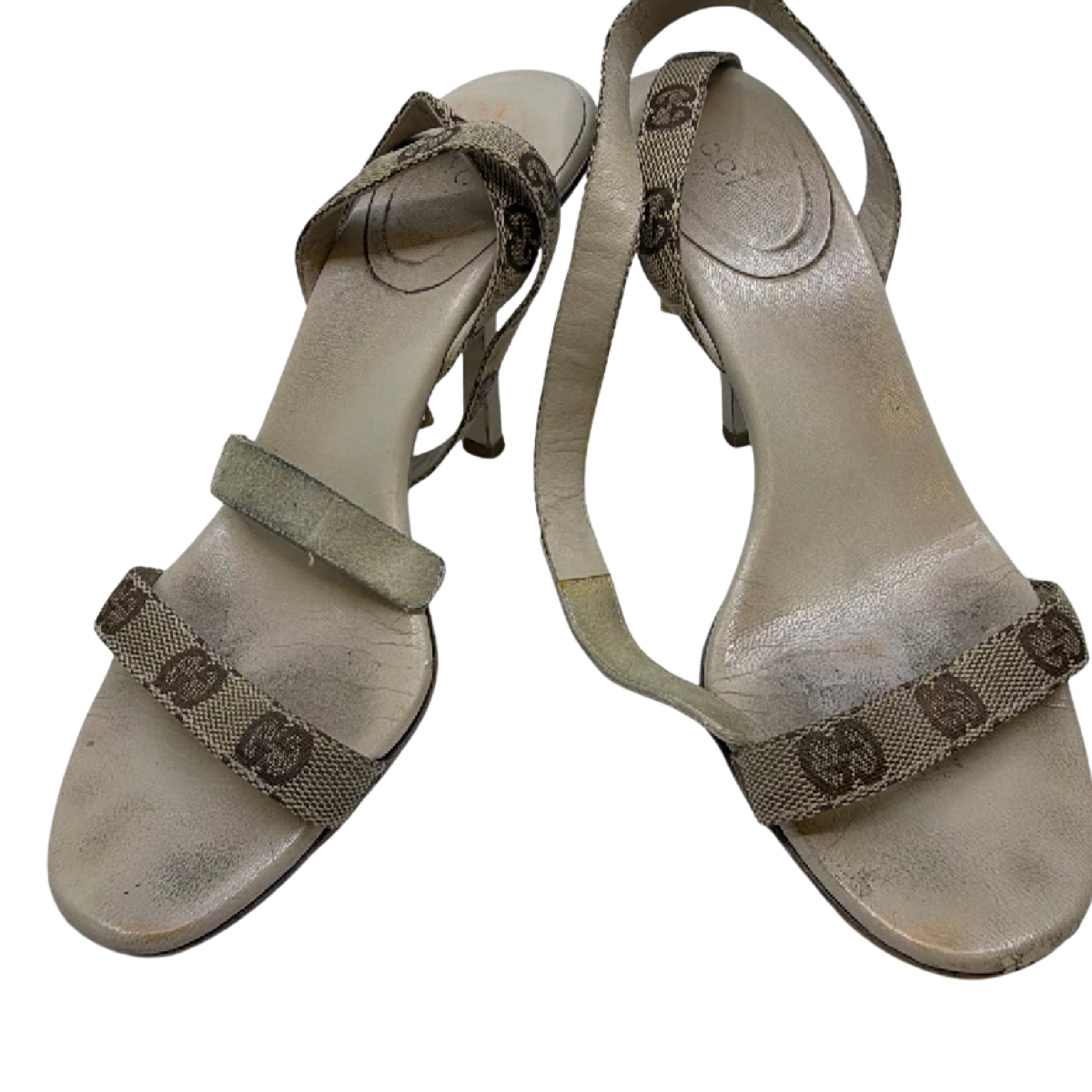 Gucci Beige GG Monogram Canvas Leather Ankle Strap Sandal