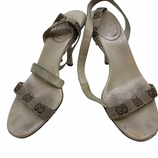 Gucci Beige GG Monogram Canvas Leather Ankle Strap Sandal