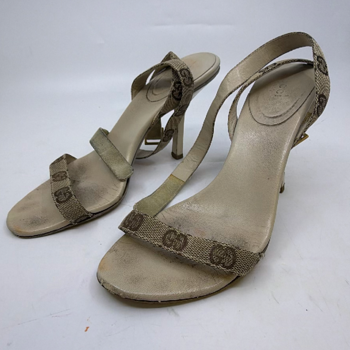 Gucci Beige GG Monogram Canvas Leather Ankle Strap Sandal