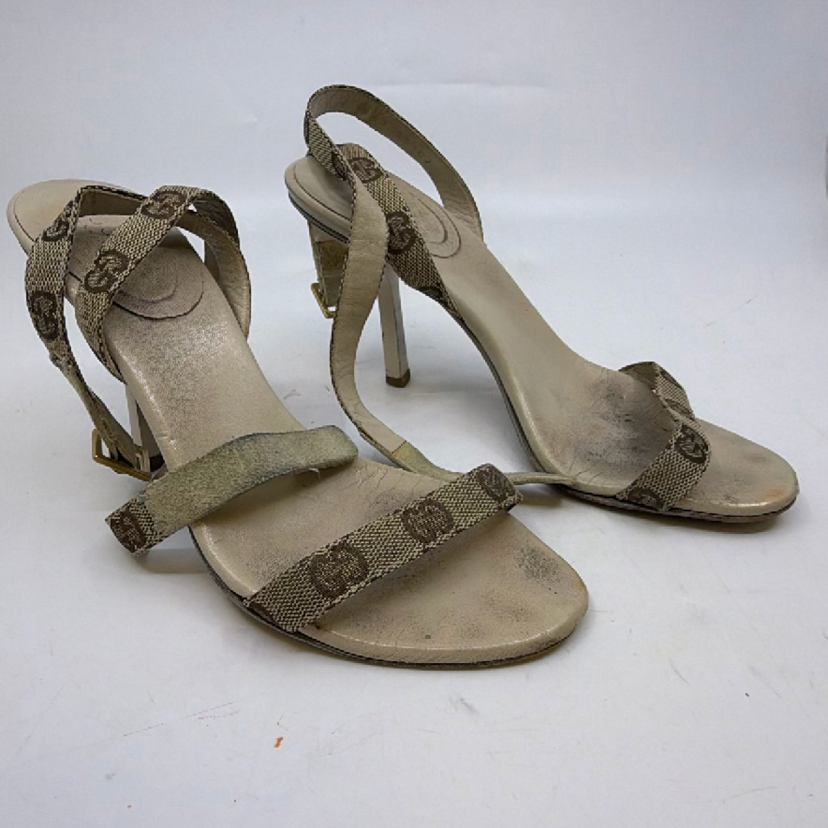 Gucci Beige GG Monogram Canvas Leather Ankle Strap Sandal