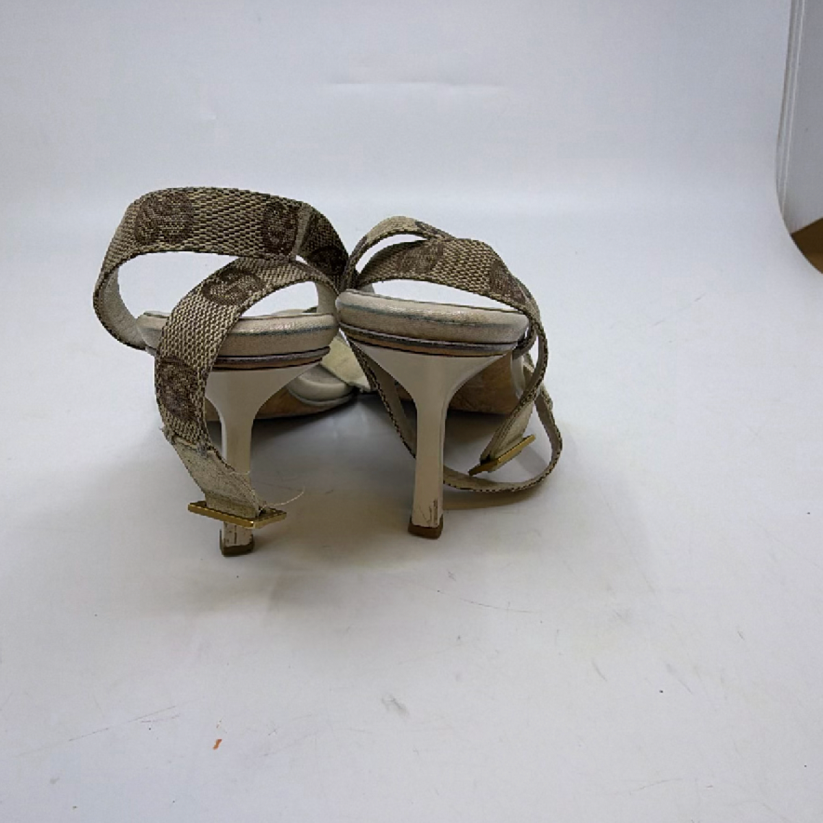 Gucci Beige GG Monogram Canvas Leather Ankle Strap Sandal