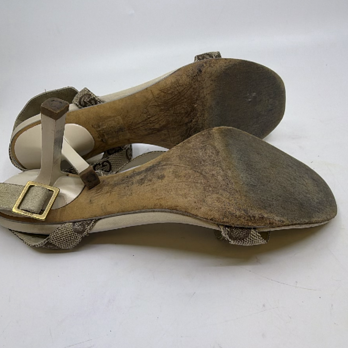 Gucci Beige GG Monogram Canvas Leather Ankle Strap Sandal