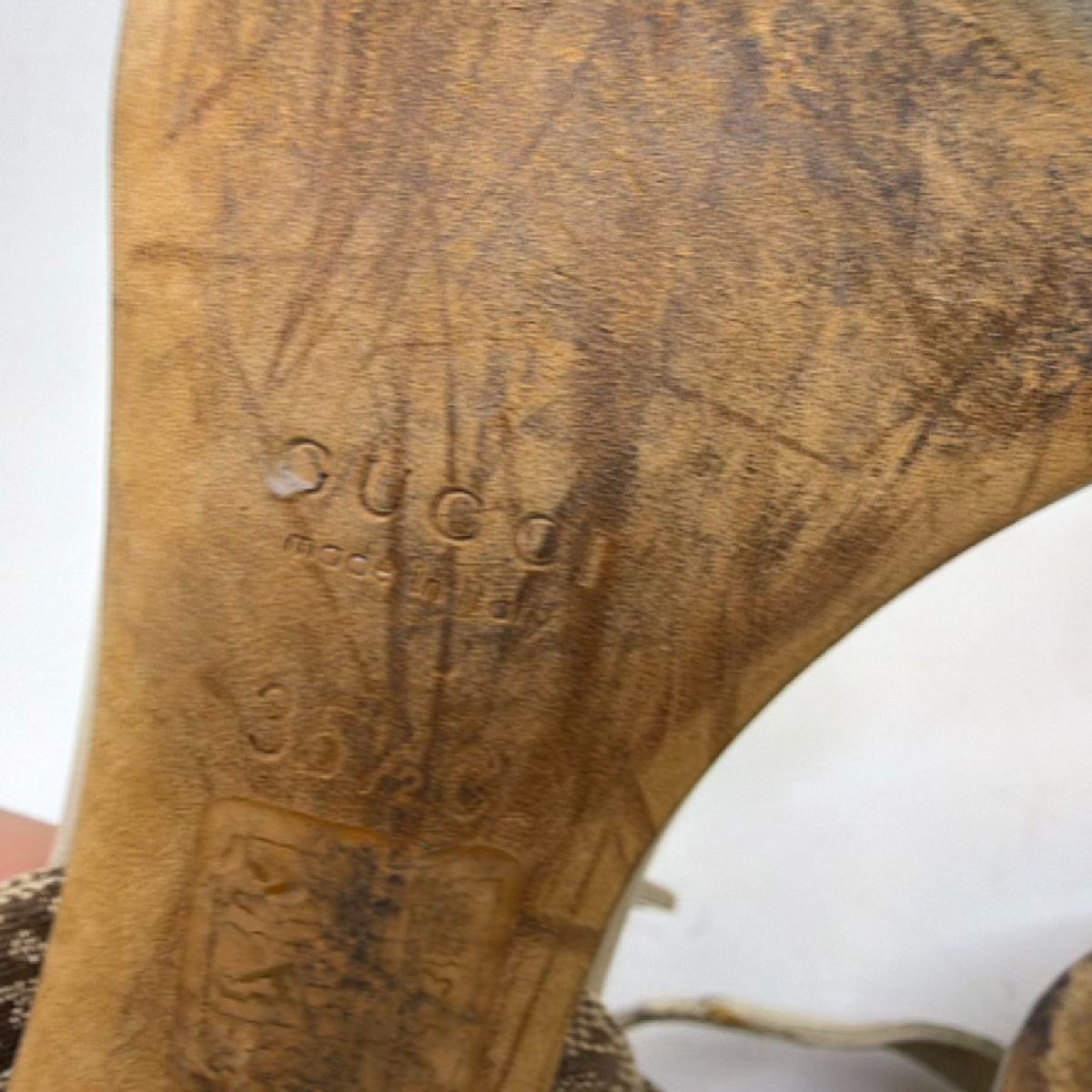 Gucci Beige GG Monogram Canvas Leather Ankle Strap Sandal