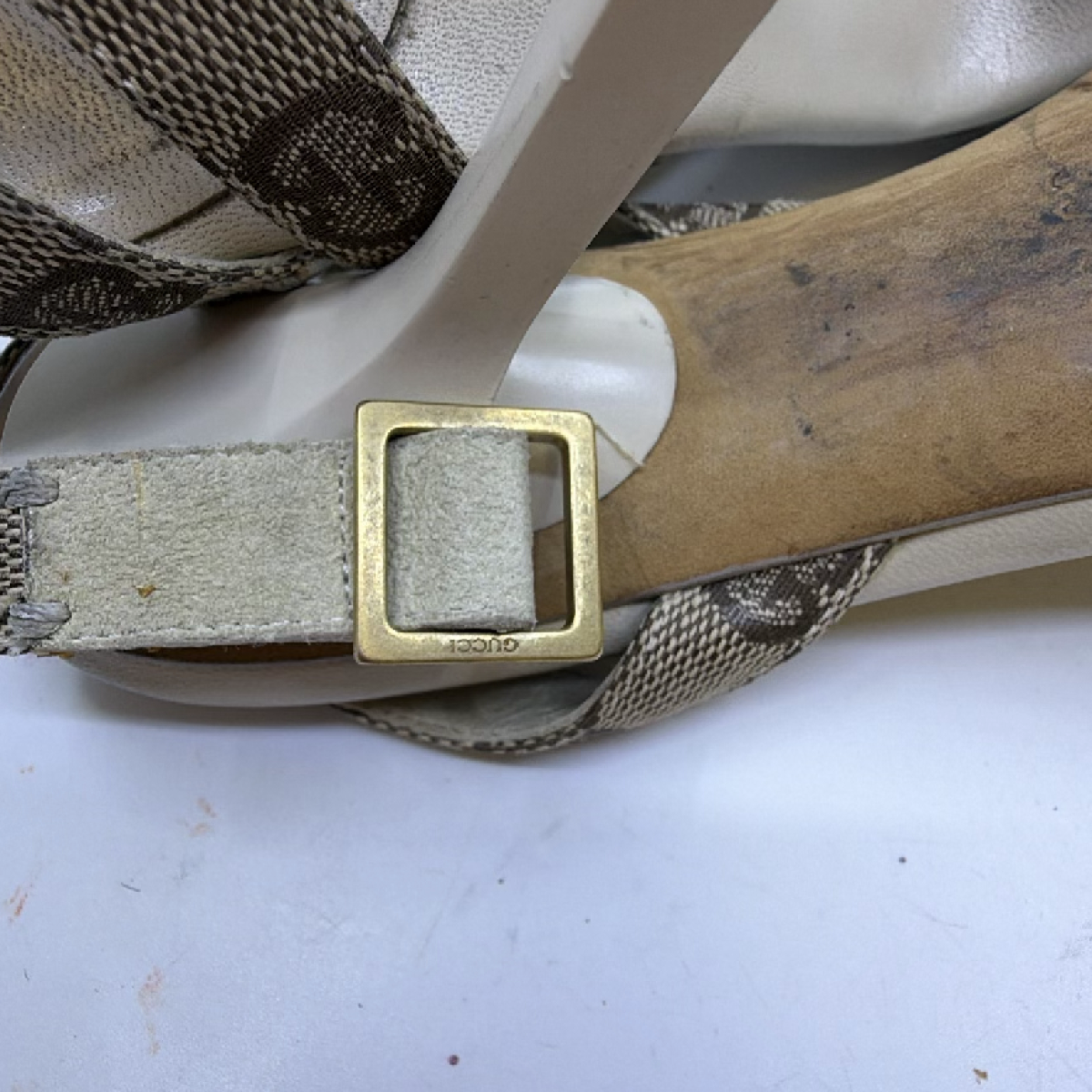 Gucci Beige GG Monogram Canvas Leather Ankle Strap Sandal