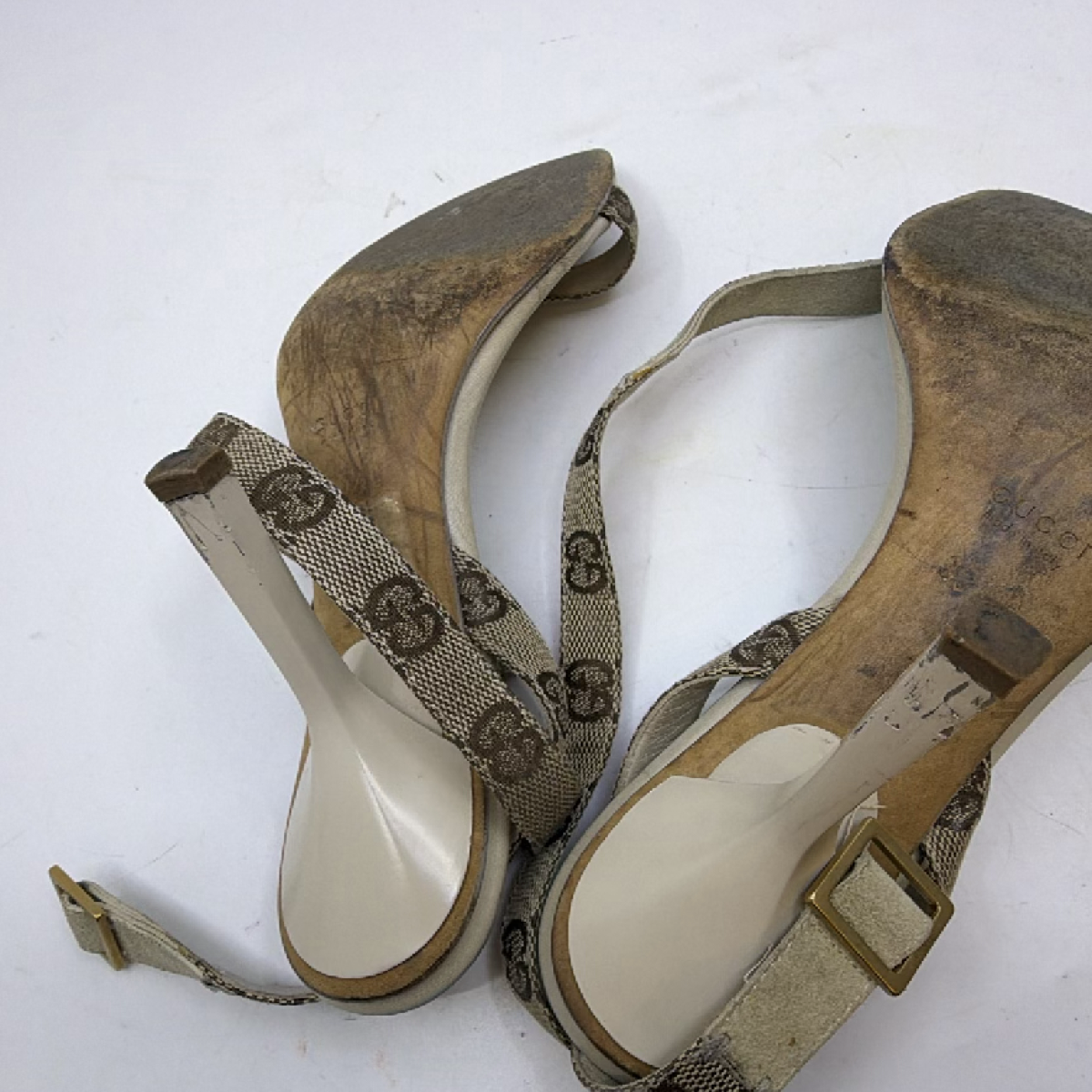 Gucci Beige GG Monogram Canvas Leather Ankle Strap Sandal