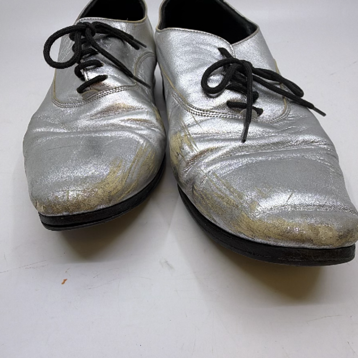 Saint Laurent Oxford Lace-Up Silver Metallic Leather 37.5 Shoe