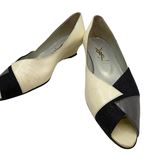 Yves Saint Laurent Peep Toe Wedge Cream Leather Fabric 36 Pump
