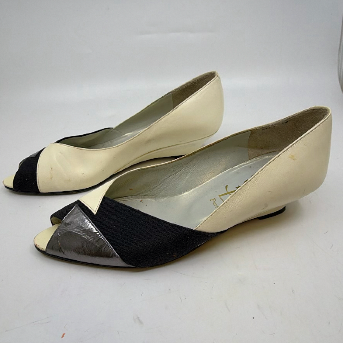 Yves Saint Laurent Peep Toe Wedge Cream Leather Fabric 36 Pump