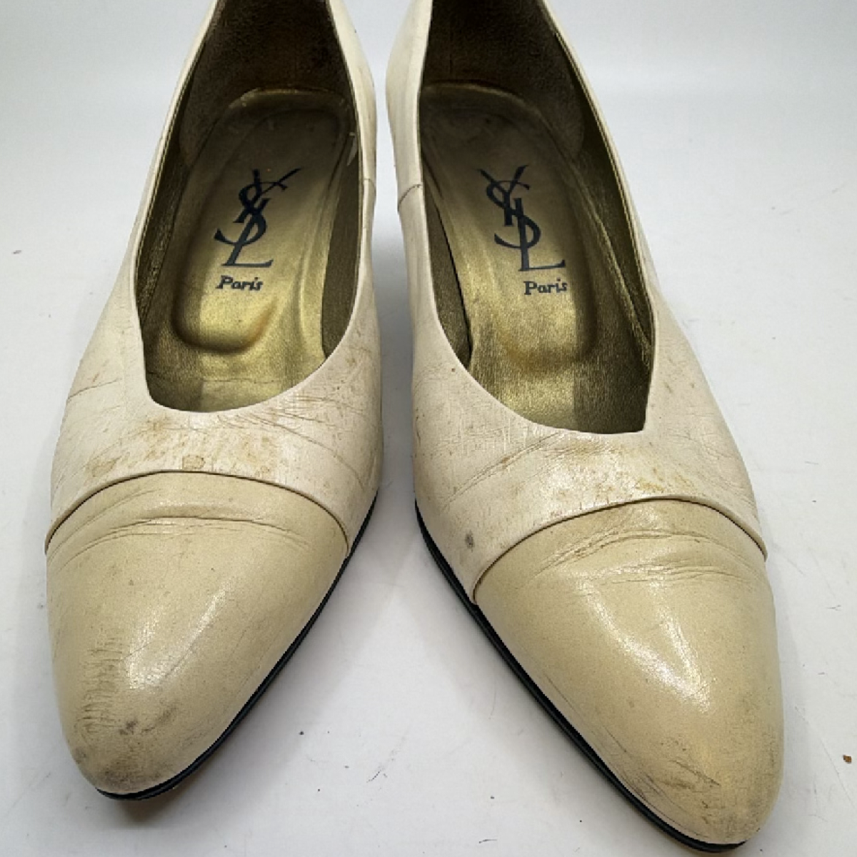 YSL Pointed Toe Cream Leather 35.5 Kitten Heel Pump