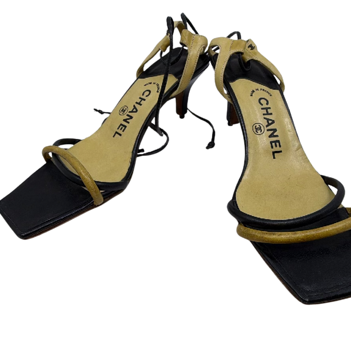 Chanel Black Beige Leather Square Toe Sandal 36.5