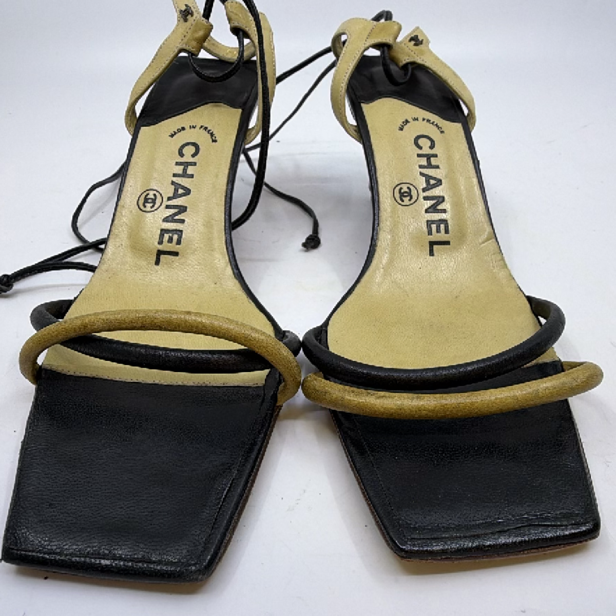 Chanel Black Beige Leather Square Toe Sandal 36.5