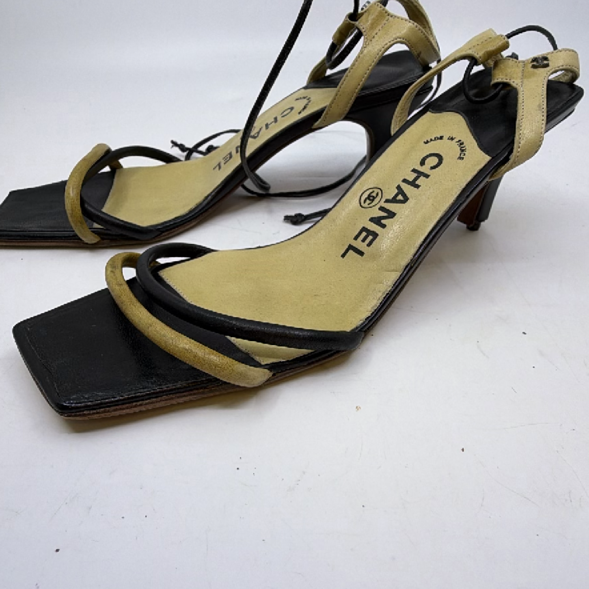Chanel Black Beige Leather Square Toe Sandal 36.5