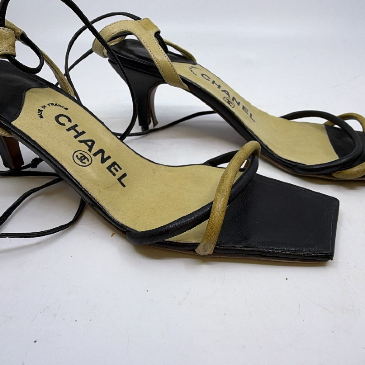 Chanel Black Beige Leather Square Toe Sandal 36.5