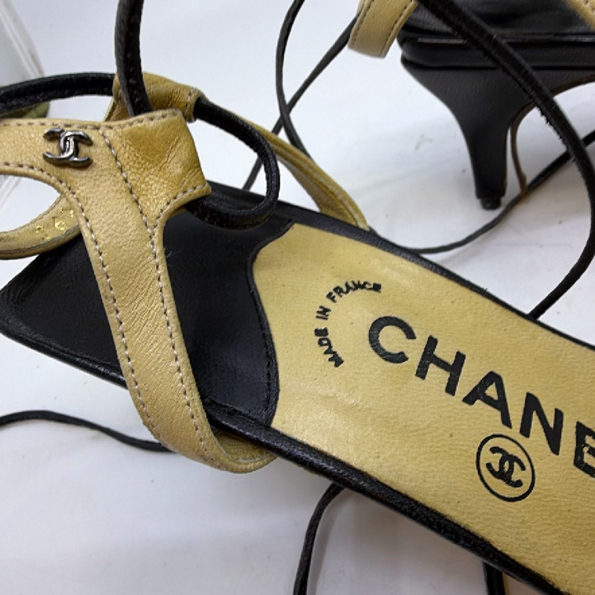 Chanel Black Beige Leather Square Toe Sandal 36.5