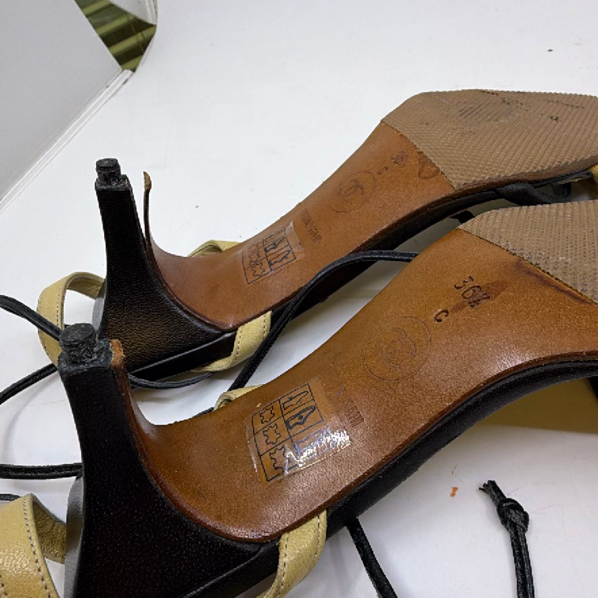 Chanel Black Beige Leather Square Toe Sandal 36.5