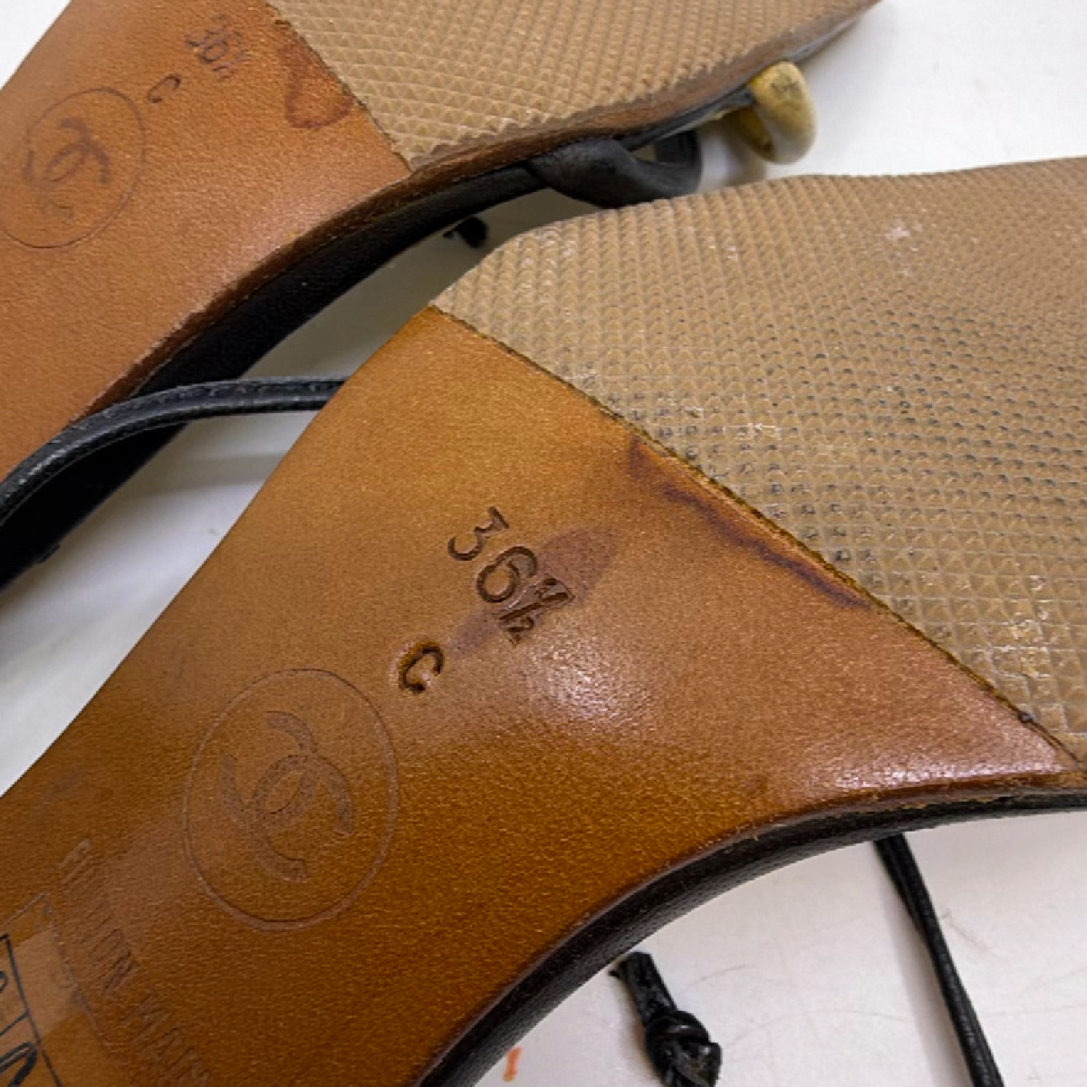 Chanel Black Beige Leather Square Toe Sandal 36.5