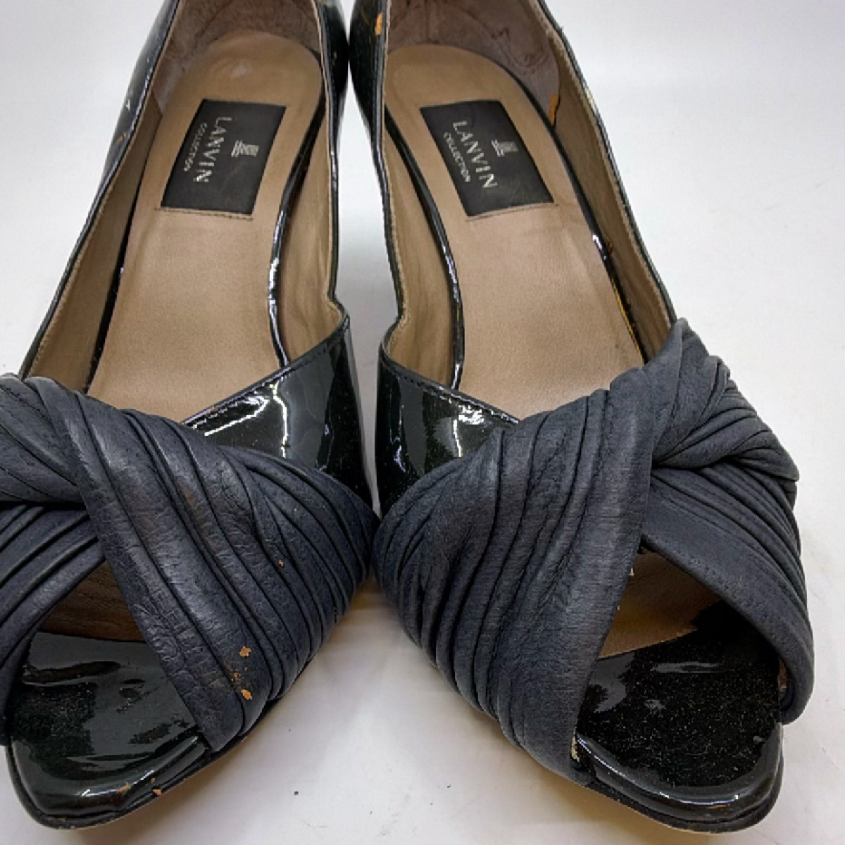 Lanvin Ruched Peep Toe Black Patent Leather Pump