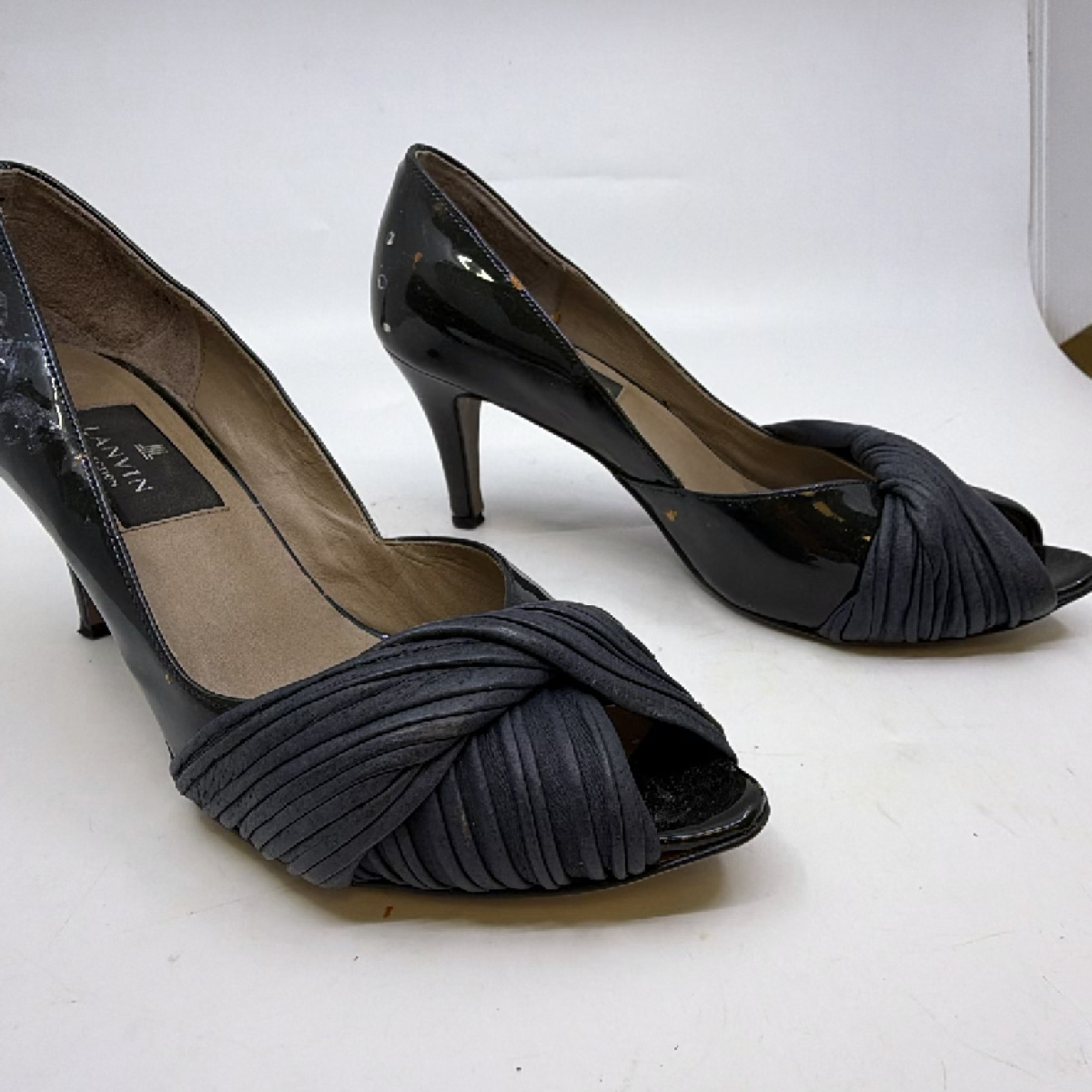 Lanvin Ruched Peep Toe Black Patent Leather Pump