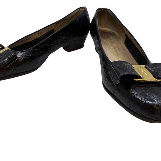 Salvatore Ferragamo Vara Black Croc-Embossed Leather 4.5C Pump