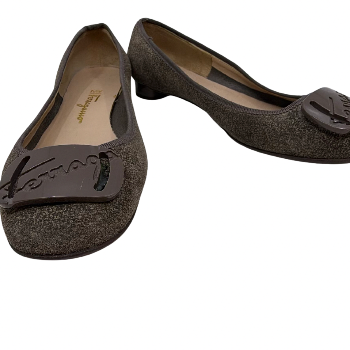 Salvatore Ferragamo Script Buckle Gray Textured Fabric Flat