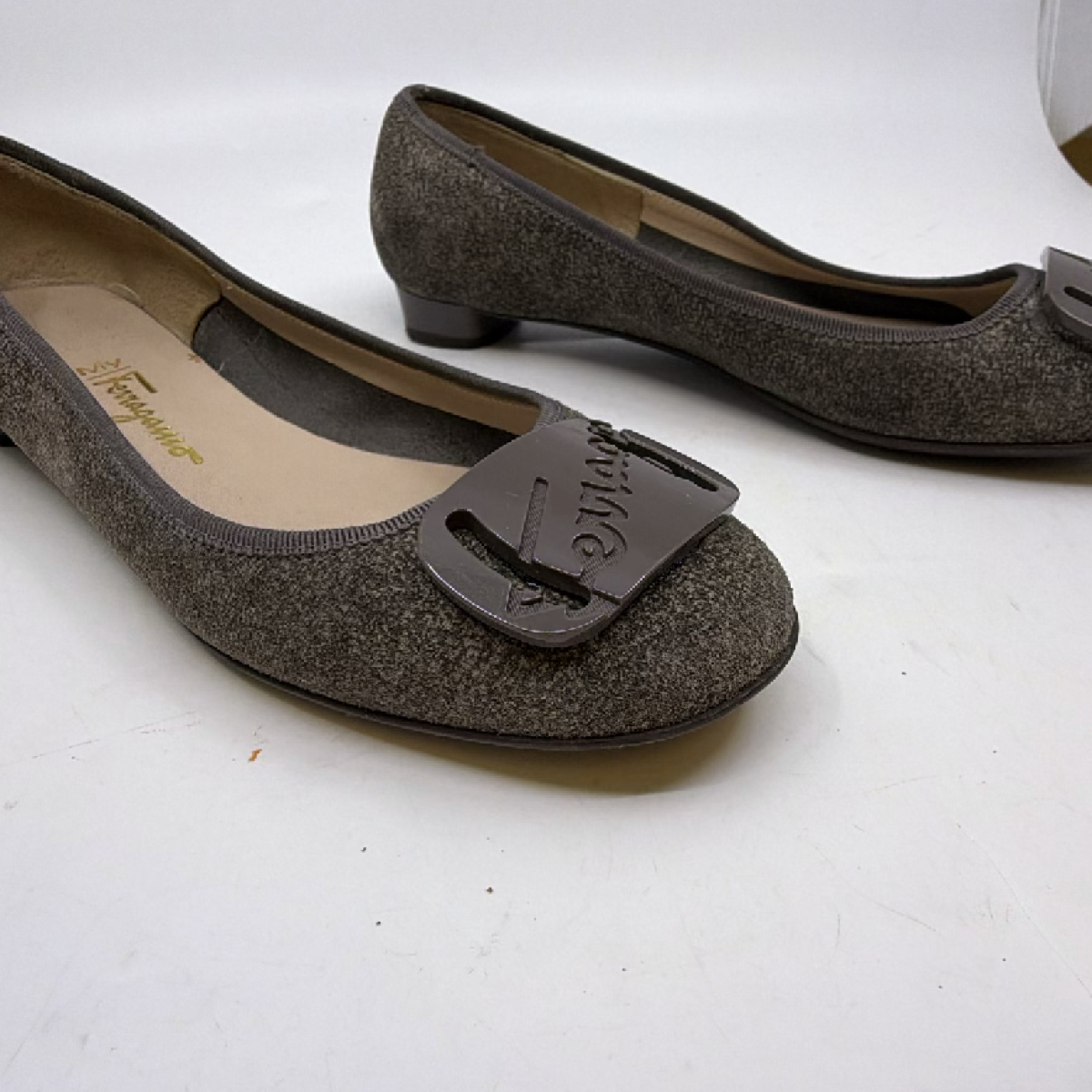 Salvatore Ferragamo Script Buckle Gray Textured Fabric Flat