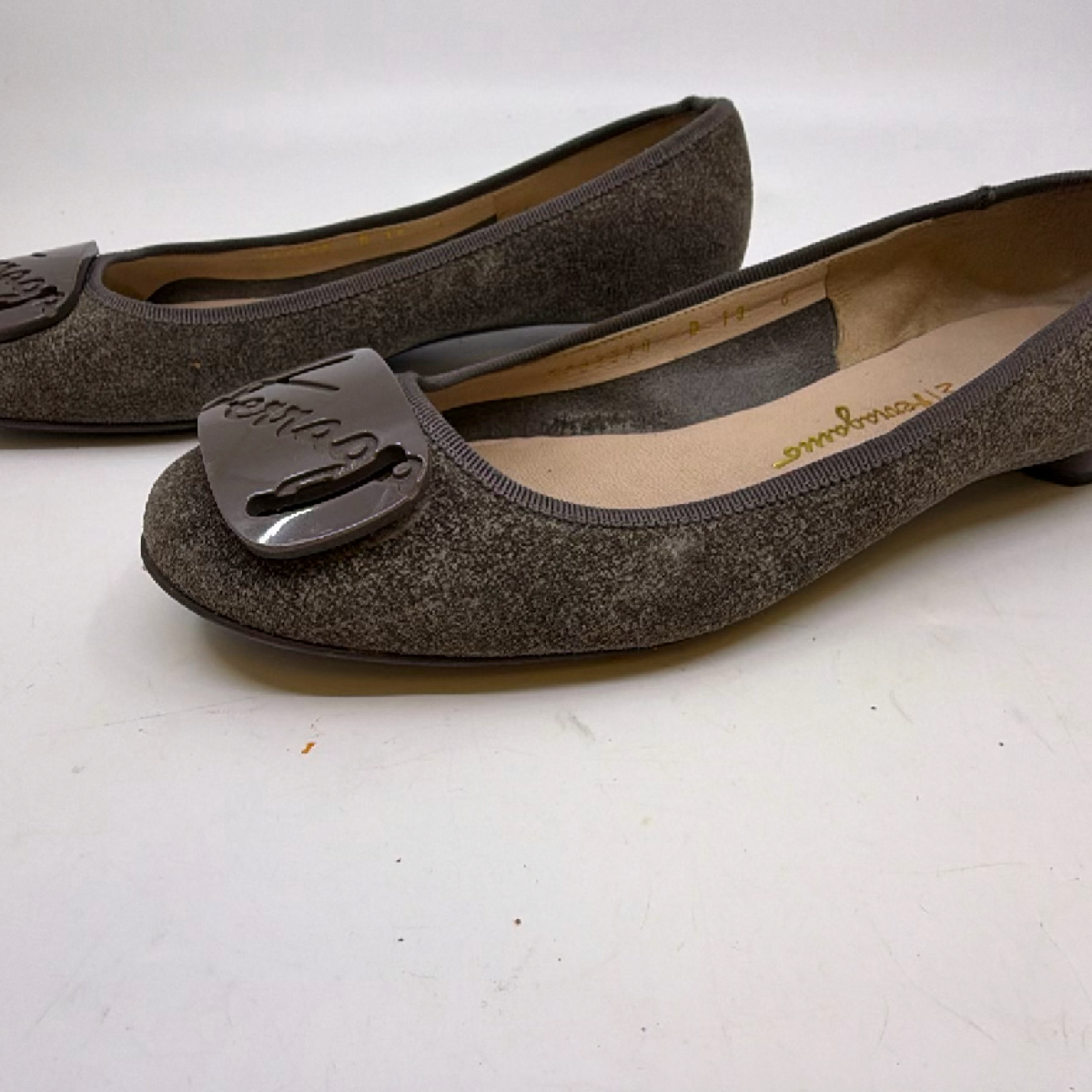 Salvatore Ferragamo Script Buckle Gray Textured Fabric Flat