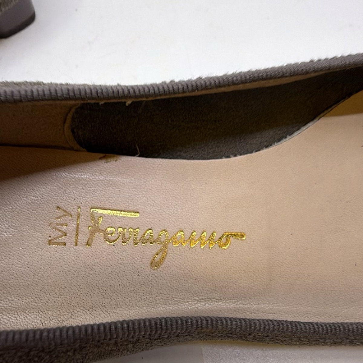 Salvatore Ferragamo Script Buckle Gray Textured Fabric Flat