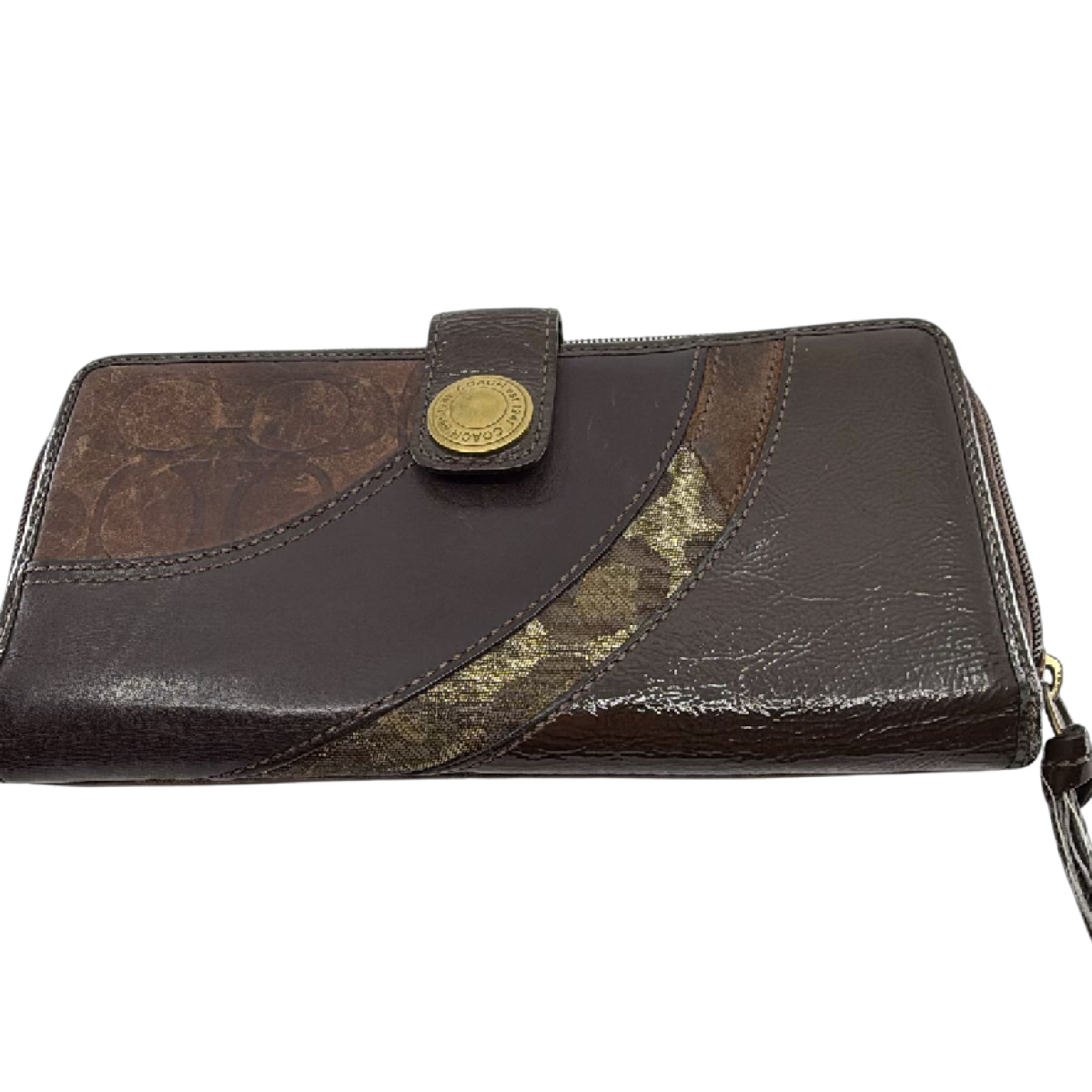 Coach Mixed Material Continental Brown Signature Canvas Leather Wallet