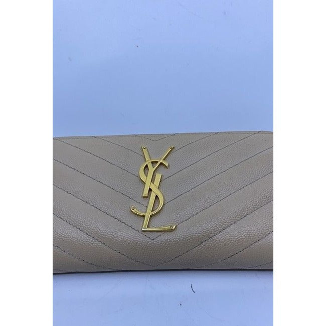Saint Laurent Beige Monogram Zip Around Wallet
