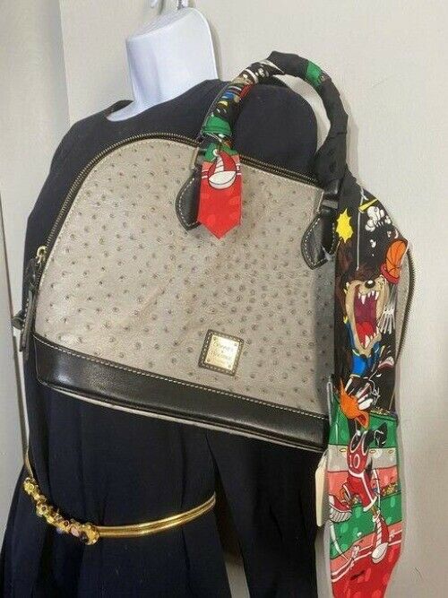dooney and bourke w ostridge print removable tunes tie sash gray leather shoulde