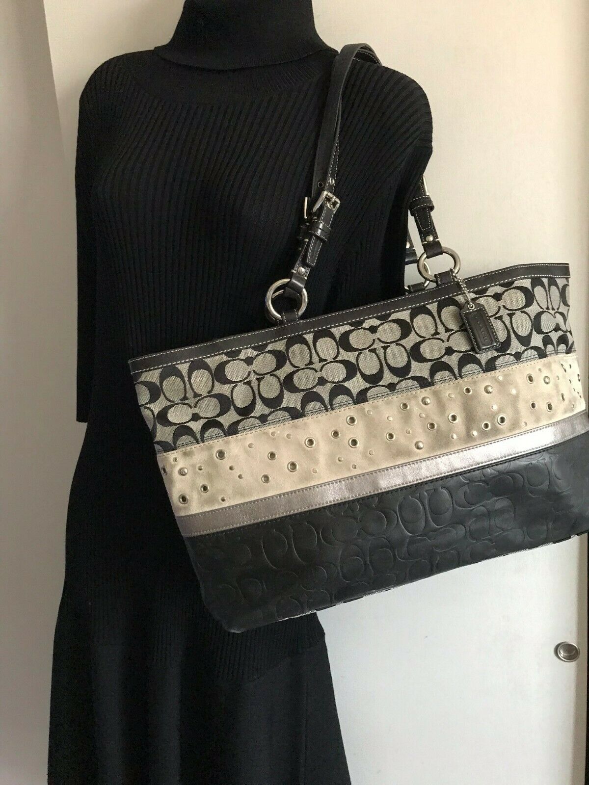 Coach Black Interwoven Fabric Tote Bag