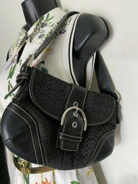 coach medium material black gray fabric shoulder bag