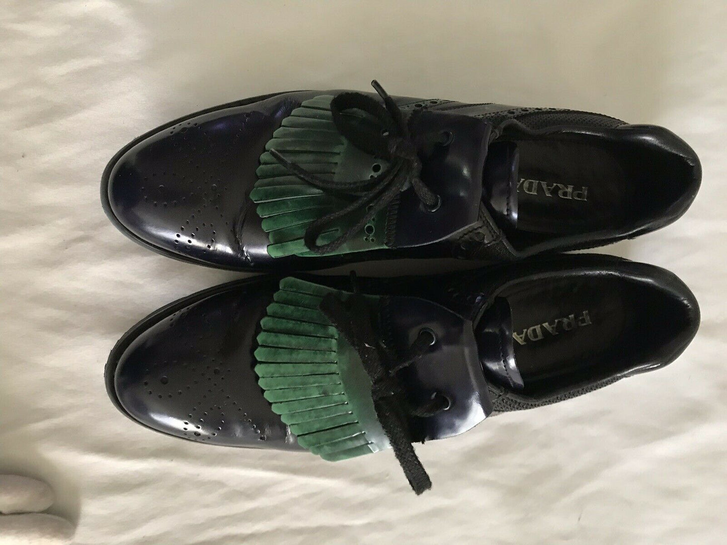 Prada Navy/Green Perforated Leather Oxfords