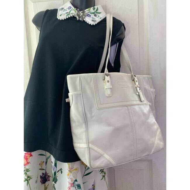 COACH XL White Leather Shopping Tote Bag