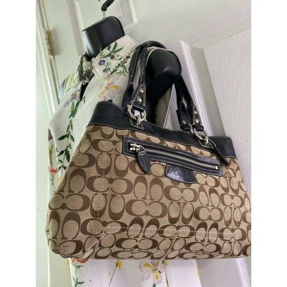 COACH Large Tan Black Jacquard Fabric Tote Bag