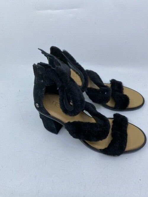 ugg australia black tan heeled fuzzy zip up sandals size us