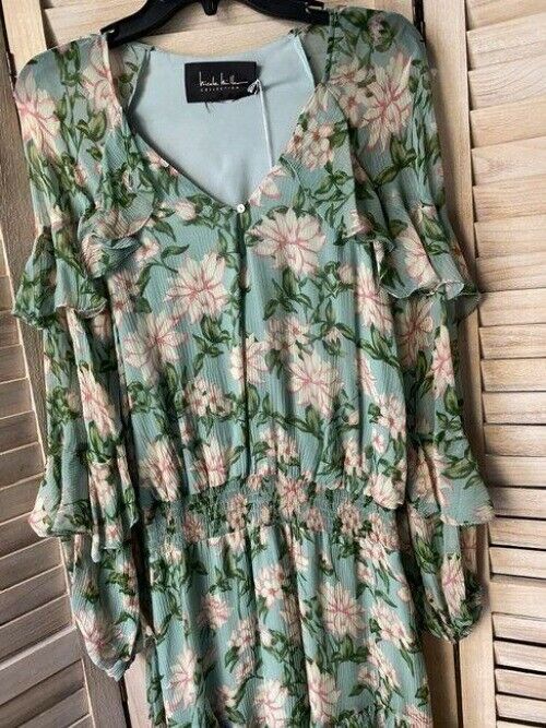 Nicole Miller Aqua Green Pink New Floral Msrp Short Casual Dress