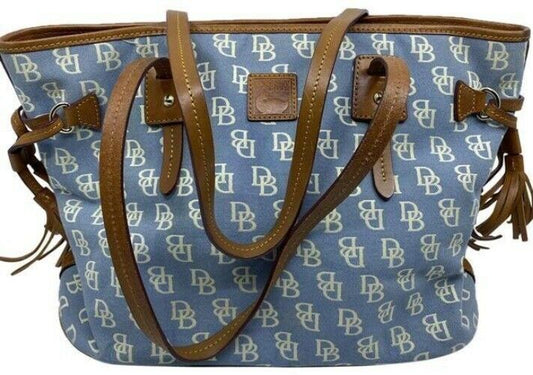 Dooney and bourke shopping large blue white brown fabric tote