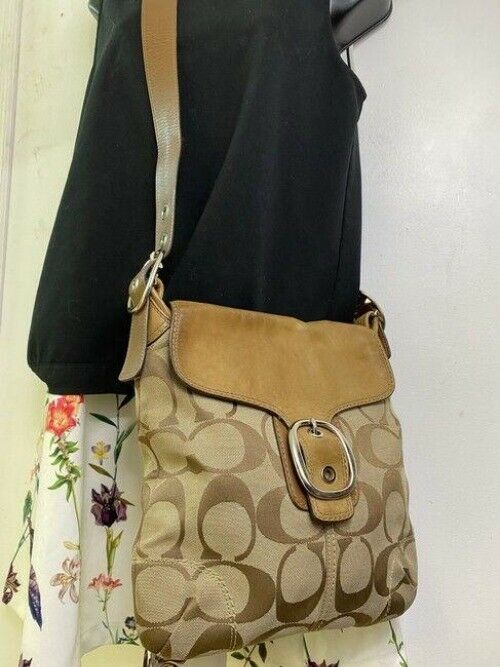 coach beige brown jacquard fabric cross body bag
