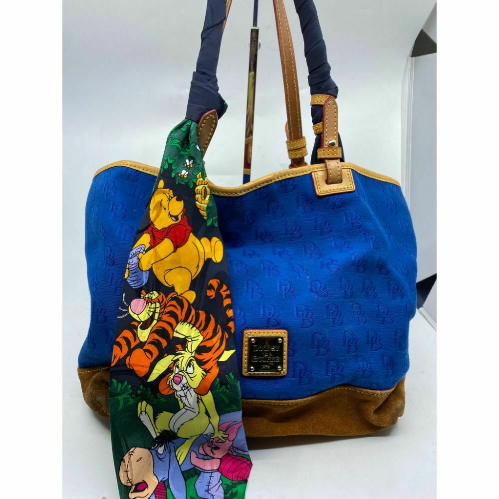 Dooney & BOURKE Blue Brown Large Fabric Tote Bag w/ Detachable Tie Sash