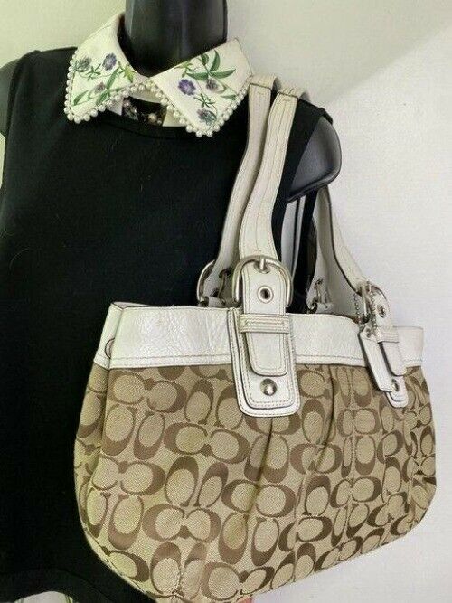 coach bag white brown fabric tote