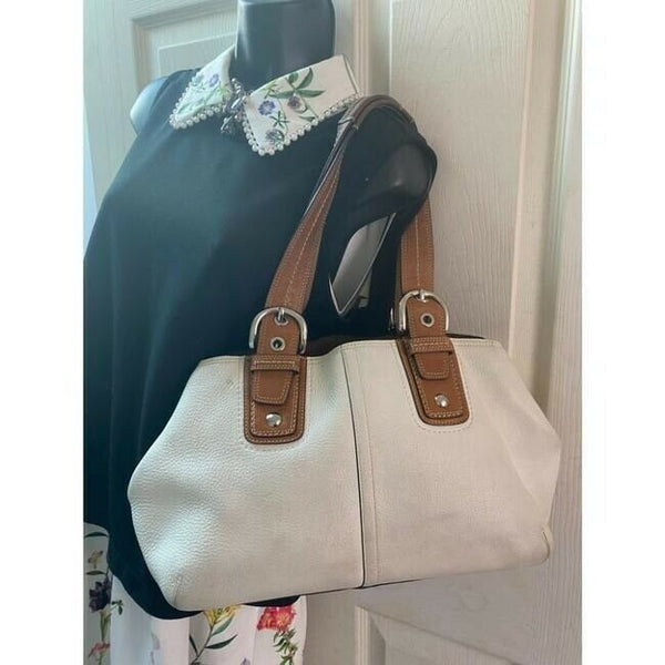 COACH Large White Brown Leather Shoulder Bag