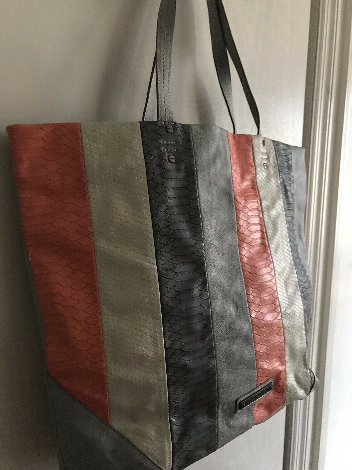 RACHEL ROY Extra Large Faux Leather Blue/Grey/Coral Tote