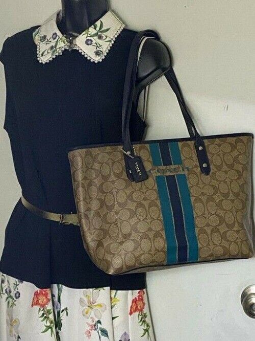 coach shopping beige navy coated canvas tote