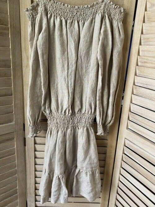 Nicole Miller khaki new linen off the shoulder msrp mid length short casual dres