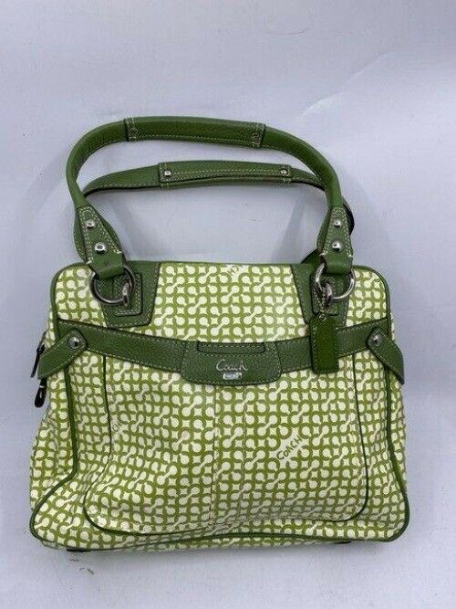 coach medium handbag green white coated canvas tote
