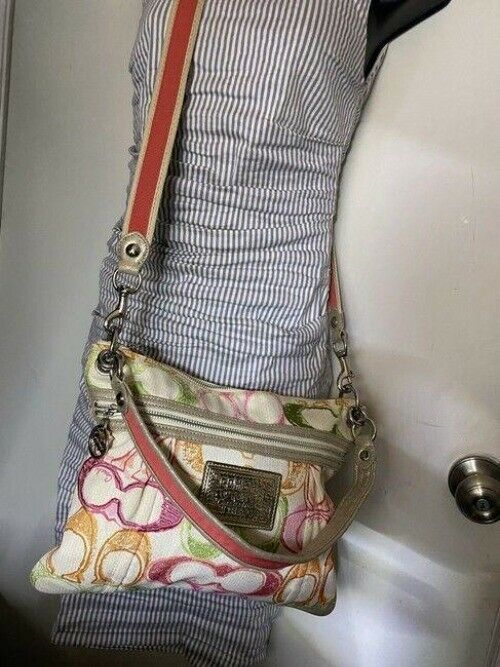 coach msrp white pink green fabric cross body bag
