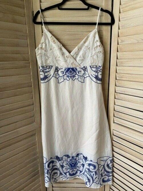 nicole miller white blue w linen w embroidery msrp small short casual dress